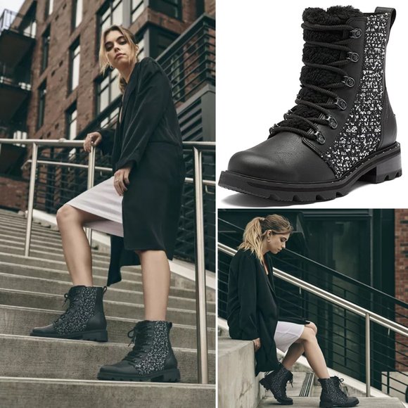 SOREL Lennox Lace Waterproof Shearling BOOTS Size 6.5 Black Leather NEW $200 - Picture 1 of 12